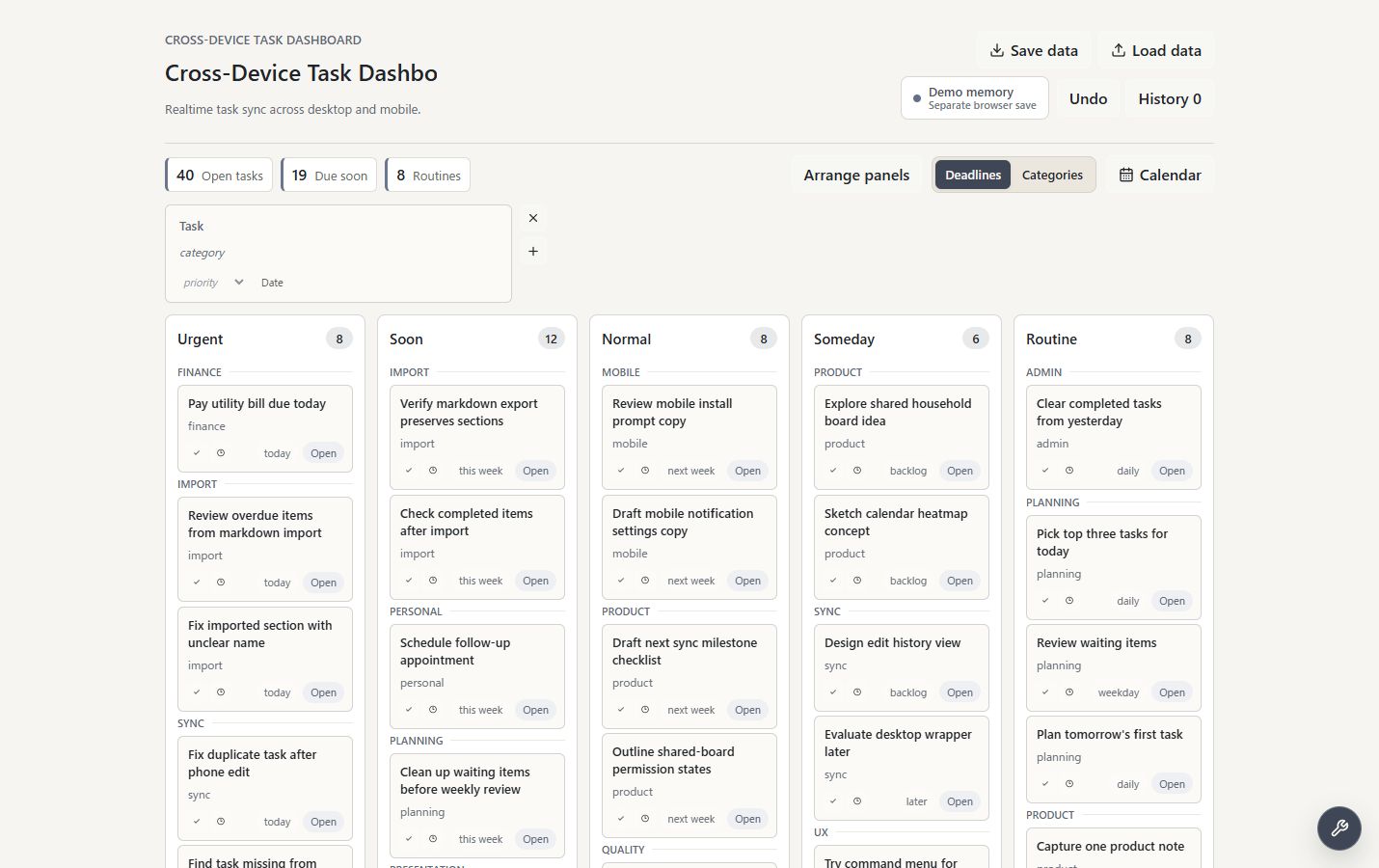 Cross-Device Task Dashboard demo board screenshot